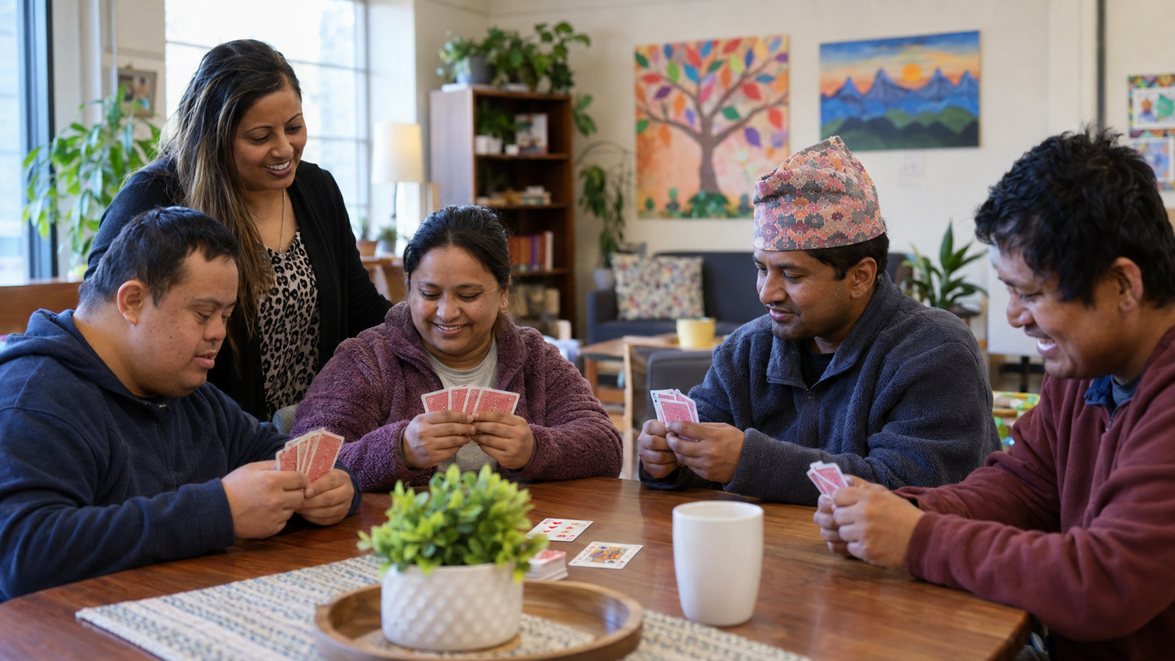 Nepali and South Asian adults enjoying a card game together at an adult day support program