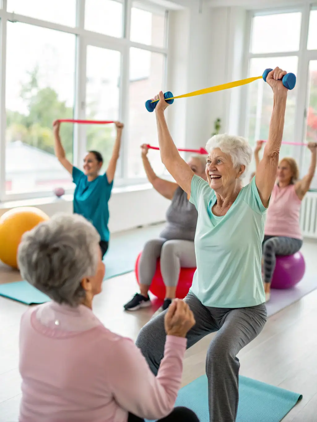 A group of seniors participating in a gentle exercise class at Oasis Home Care, led by a friendly instructor. The scene is bright and cheerful, showcasing the physical activity aspect of the adult day care services.